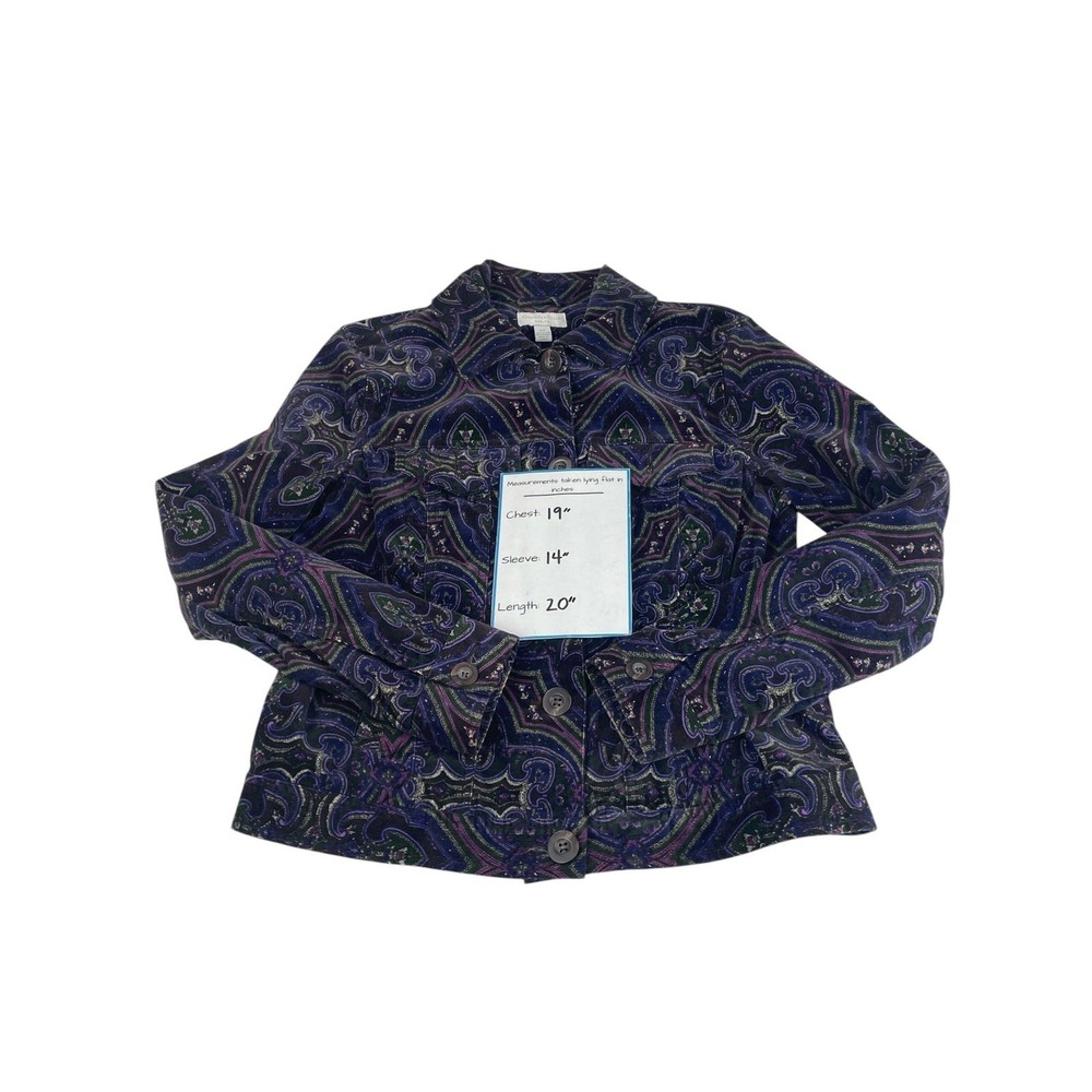 Charter Club Petite Jacket P/P Paisley Print Button Up Cotton Purple Green - Picture 3 of 6